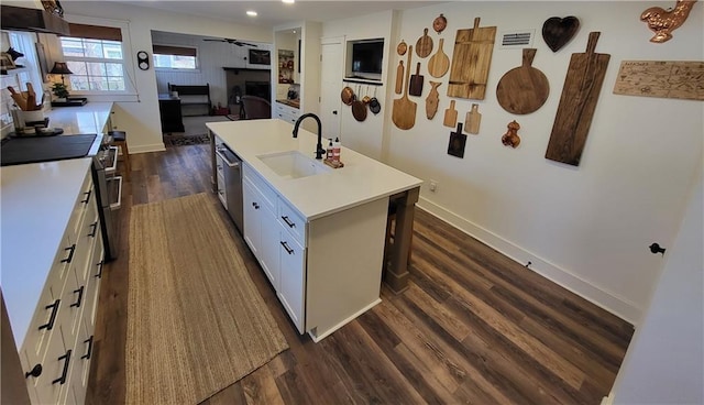 kitchen featuring stainless steel appliances, a sink, dark wood-type flooring, light countertops, and under cabinet range hood