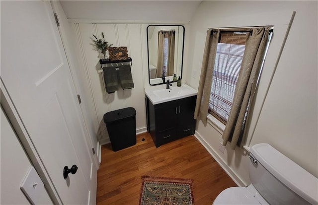 bathroom with vanity, toilet, and wood finished floors