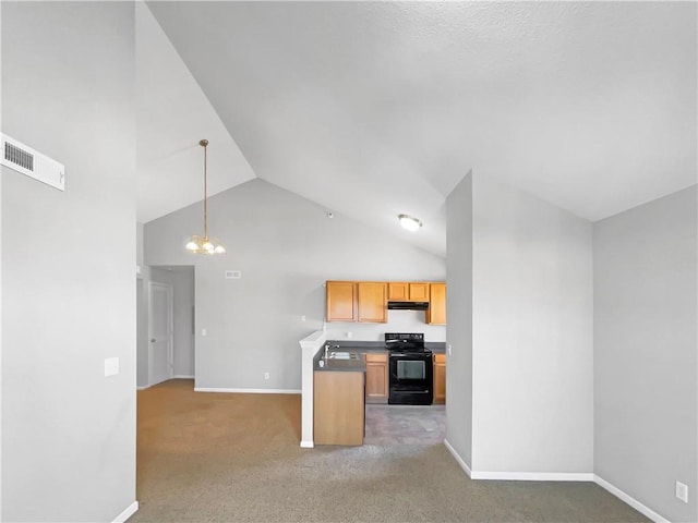 kitchen featuring visible vents, black range with electric stovetop, open floor plan, a sink, and under cabinet range hood