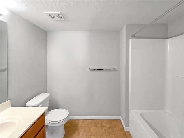 full bathroom with visible vents, toilet, a textured ceiling, vanity, and baseboards