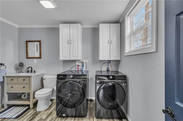 washroom featuring laundry area, separate washer and dryer, a sink, light wood-style floors, and crown molding