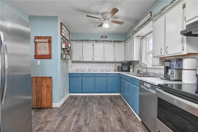 kitchen featuring blue cabinetry, under cabinet range hood, dark wood finished floors, stainless steel appliances, and a sink