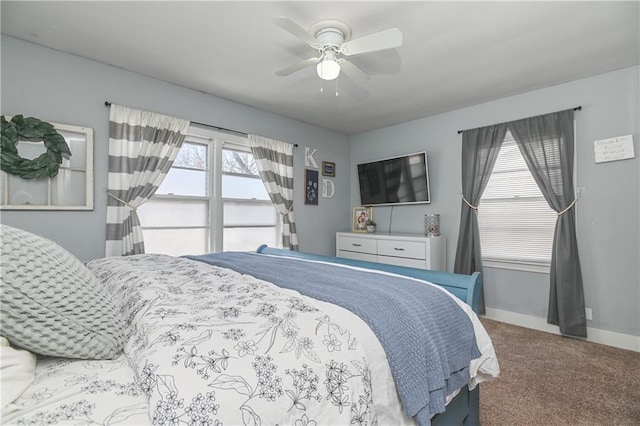 bedroom with baseboards, carpet floors, and ceiling fan