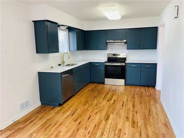 kitchen with under cabinet range hood, light countertops, appliances with stainless steel finishes, light wood-style floors, and a sink