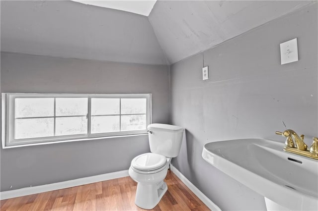 bathroom with baseboards, lofted ceiling, toilet, wood finished floors, and a sink