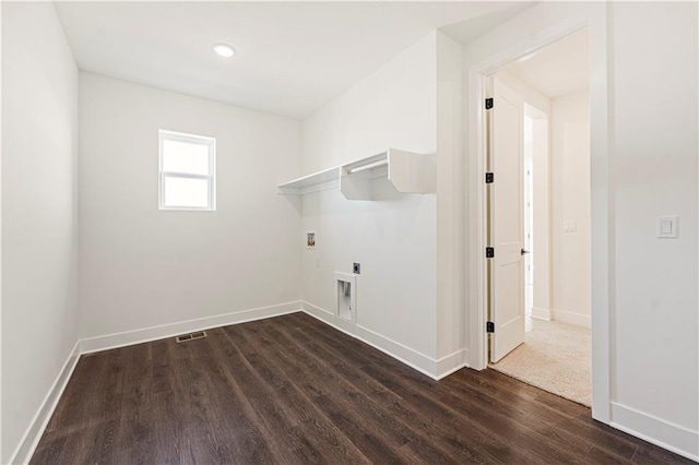 clothes washing area featuring washer hookup, dark wood finished floors, visible vents, electric dryer hookup, and laundry area