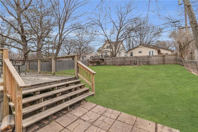 view of yard featuring a fenced backyard and a wooden deck