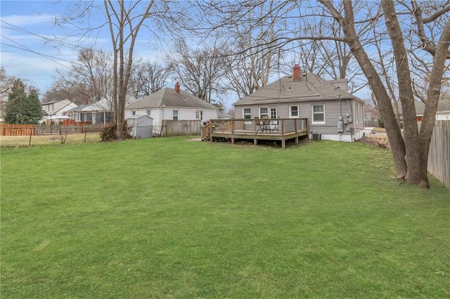 view of yard with a fenced backyard and a wooden deck