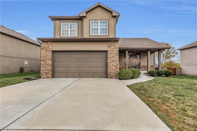 view of front of house with driveway, a garage, stone siding, a front lawn, and a porch