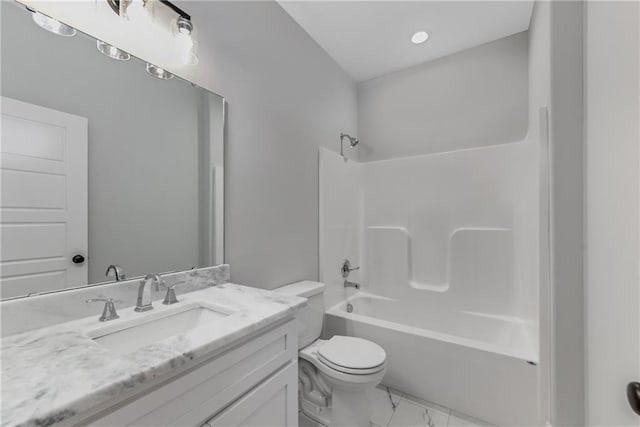 full bath with marble finish floor, tub / shower combination, vanity, and toilet