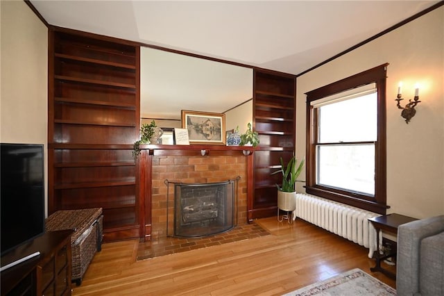 living room featuring radiator, a fireplace, and wood-type flooring