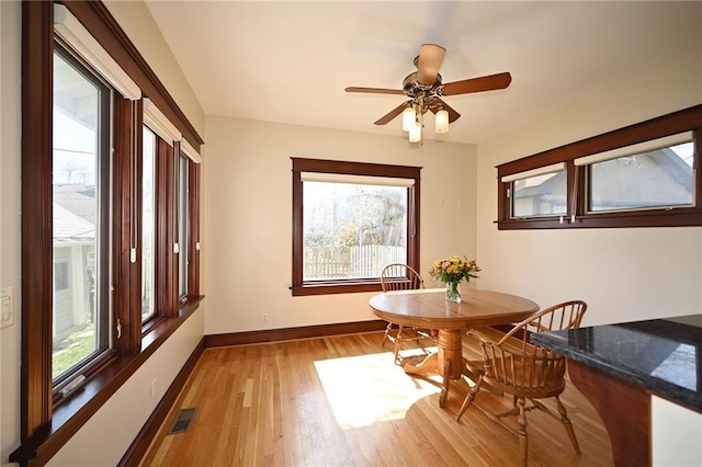 dining space featuring visible vents, a ceiling fan, light wood-type flooring, and baseboards