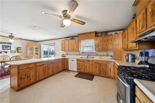 kitchen with gas range, a peninsula, white dishwasher, light countertops, and a sink