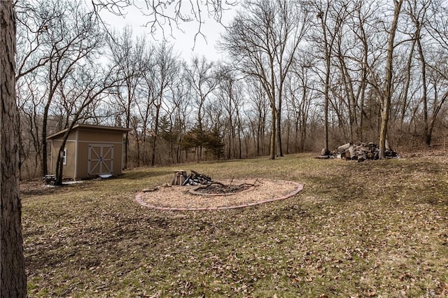 view of yard featuring a storage shed and an outbuilding