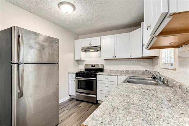 kitchen with under cabinet range hood, a sink, wood finished floors, stainless steel appliances, and white cabinets