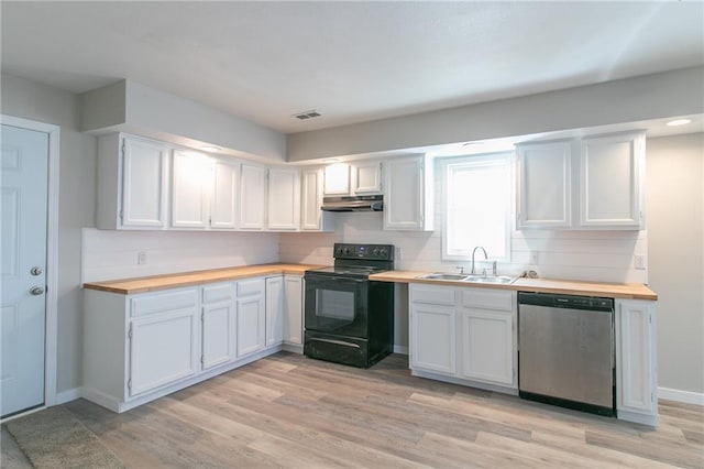 kitchen with electric range, stainless steel dishwasher, a sink, and butcher block counters