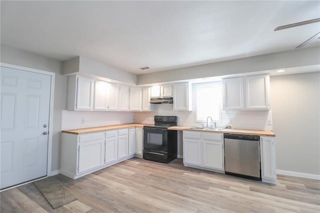 kitchen with black range with electric cooktop, under cabinet range hood, butcher block counters, a sink, and dishwasher