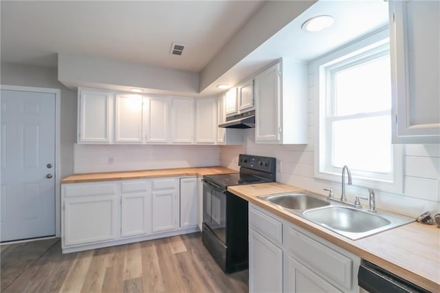 kitchen featuring visible vents, dishwasher, black / electric stove, under cabinet range hood, and a sink