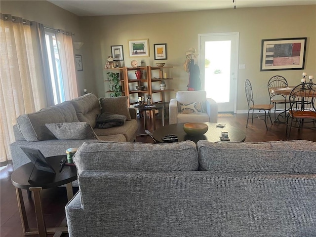 living area featuring a wealth of natural light, baseboards, and wood finished floors