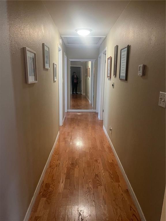 hallway featuring light wood-style flooring, baseboards, and attic access