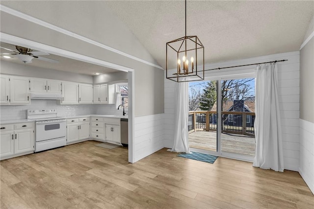 kitchen featuring under cabinet range hood, light wood-style flooring, white electric range oven, and light countertops