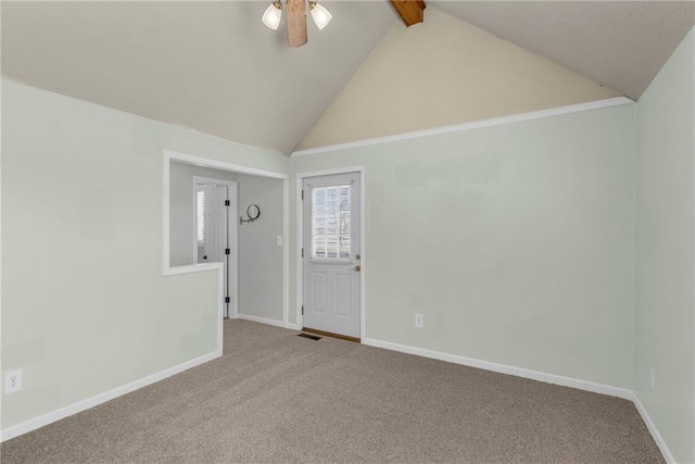 unfurnished room featuring baseboards, high vaulted ceiling, ceiling fan, beamed ceiling, and carpet flooring