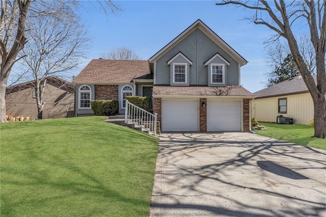 split level home featuring concrete driveway, brick siding, and a front yard