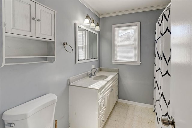 full bath with baseboards, toilet, tile patterned floors, crown molding, and vanity