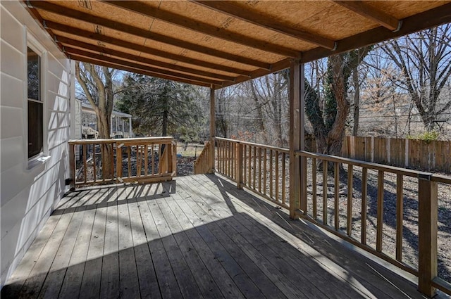 wooden terrace featuring fence