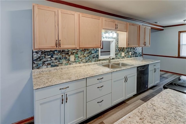 kitchen with light brown cabinets, dark wood-style flooring, a sink, black dishwasher, and decorative backsplash