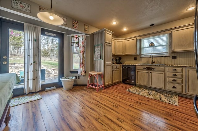 kitchen with a sink, decorative light fixtures, a textured ceiling, hardwood / wood-style floors, and dishwasher