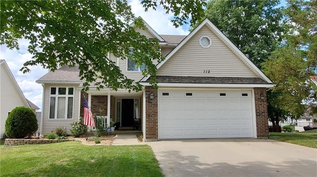 view of front of house featuring brick siding, concrete driveway, roof with shingles, a front yard, and a garage