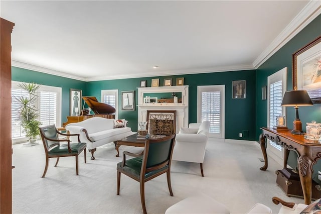 living room with light carpet, a fireplace, crown molding, and a wealth of natural light