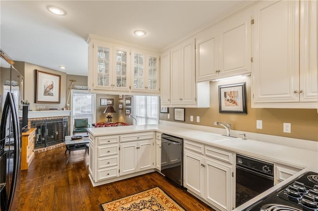 kitchen with a sink, freestanding refrigerator, a peninsula, a fireplace, and dishwasher