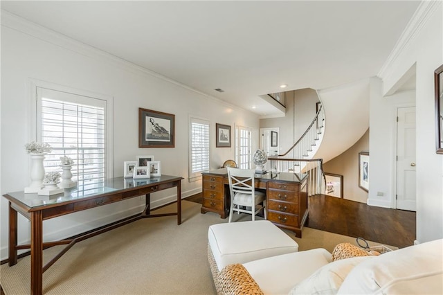 home office featuring visible vents, crown molding, baseboards, carpet floors, and recessed lighting