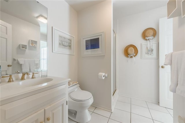 bathroom with tile patterned floors, a shower stall, toilet, and vanity