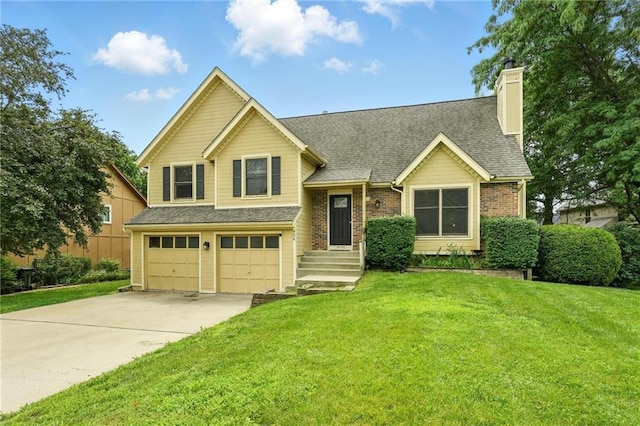 906 N Cedarcrest Dr, Olathe, KS 66061 - tri-level home with a garage, a chimney, driveway, a front lawn, and roof with shingles