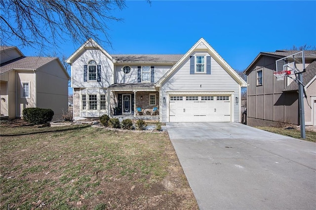 traditional-style house featuring concrete driveway, a garage, covered porch, and a front yard