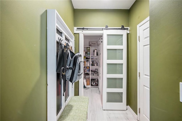 spacious closet featuring a barn door and wood finished floors