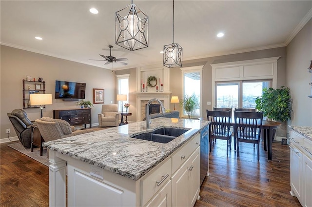 kitchen featuring plenty of natural light, a sink, dark wood finished floors, and crown molding