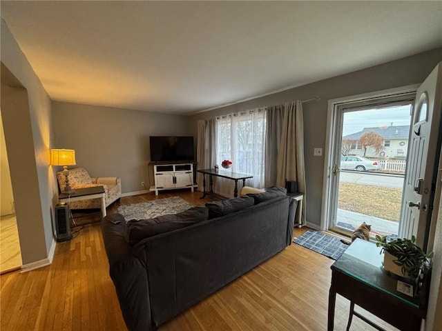 living room with a wealth of natural light, baseboards, and wood finished floors