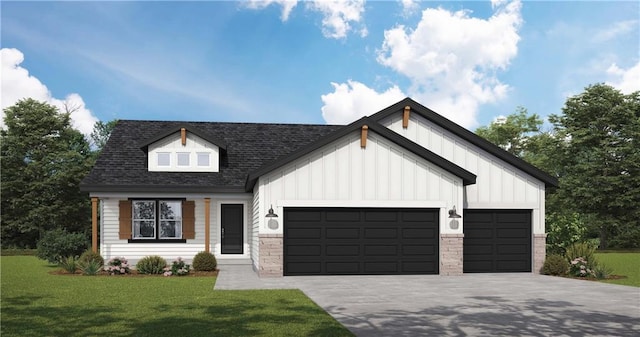 view of front of house with an attached garage, a shingled roof, driveway, a front lawn, and board and batten siding