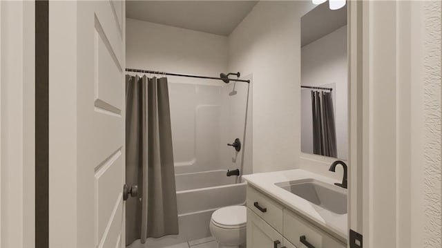 full bathroom featuring toilet, shower / tub combo with curtain, and vanity