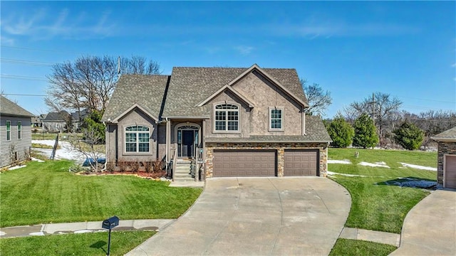 view of front of home with an attached garage, concrete driveway, a shingled roof, and a front yard