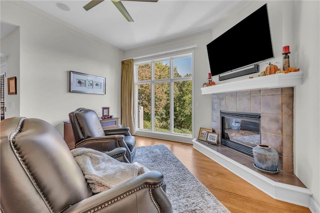 living room featuring ceiling fan, a fireplace, and wood finished floors