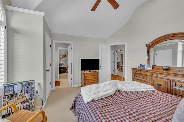 bedroom with ornamental molding, a ceiling fan, light carpet, high vaulted ceiling, and baseboards