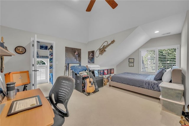 bedroom featuring lofted ceiling, ceiling fan, recessed lighting, carpet floors, and visible vents