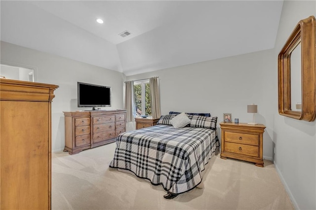 bedroom with light carpet, vaulted ceiling, recessed lighting, and baseboards