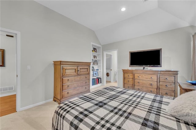 bedroom with recessed lighting, light carpet, visible vents, baseboards, and vaulted ceiling