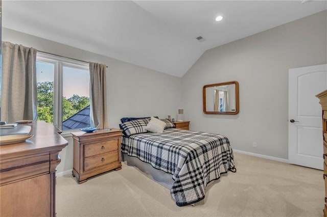 bedroom featuring lofted ceiling, recessed lighting, light carpet, visible vents, and baseboards